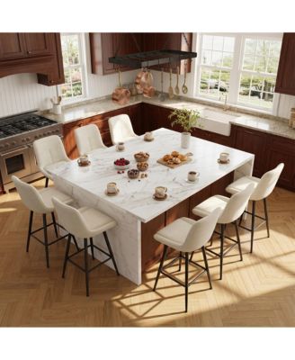 Set of 8 25" Upholstered Bar Stools, Counter Height Chenille Fabric Stool with Footrest, Backrest and Metal Legs, Modern Chairs for Kitchen