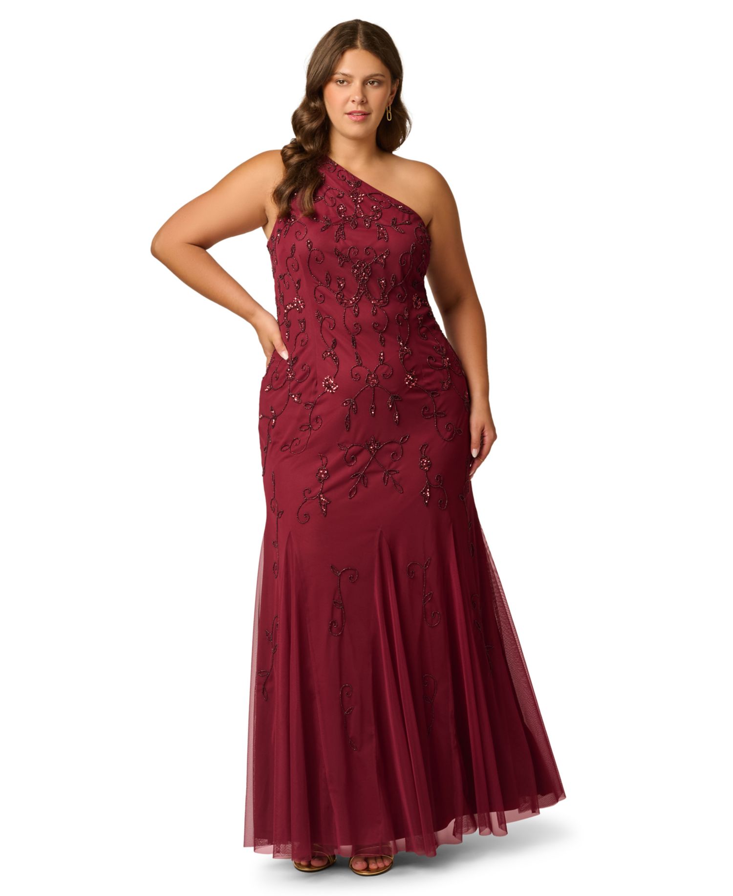 Plus Size One-Shoulder Beaded Gown