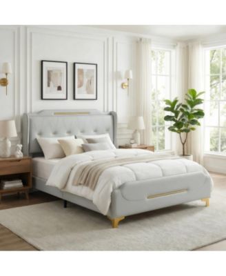 Queen Size PU Leather Platform Bed with Wingback Headboard - No Box Spring Needed