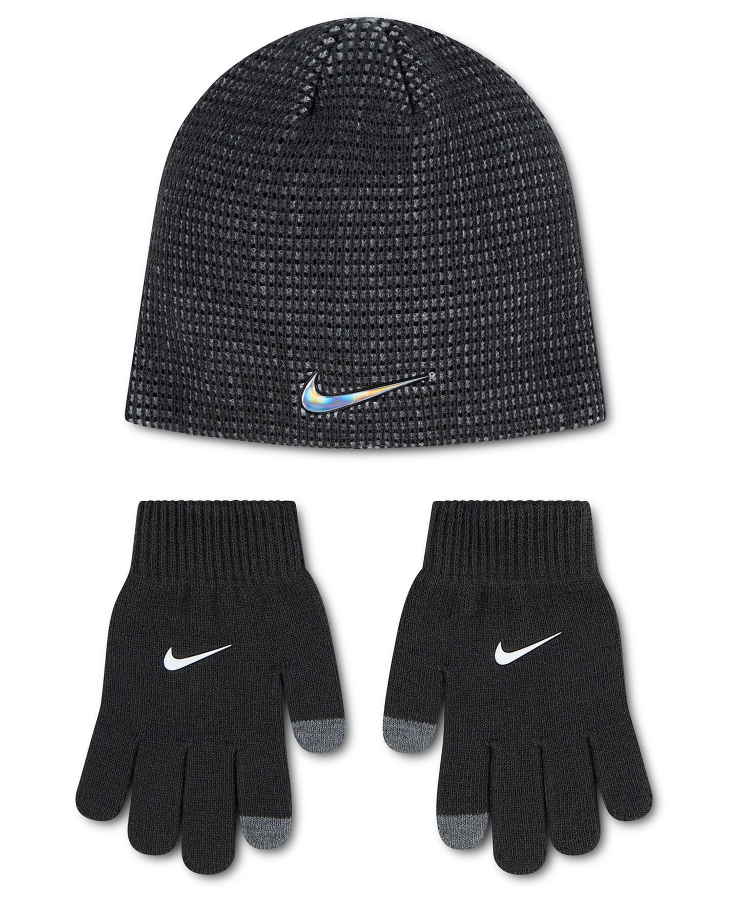 Комплекты Nike Multi-Stripe Peak Beanie and Gloves, 2-Piece Set для мальчиков, цвет: Тёмный дымчатый серый — фото 1