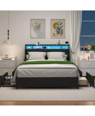 Queen Size Platform Bed Frame with Ergonomic Headboard, Outlets, USB Charger, LED Light, Storage Shelf, Noise-Free, No Box Spring