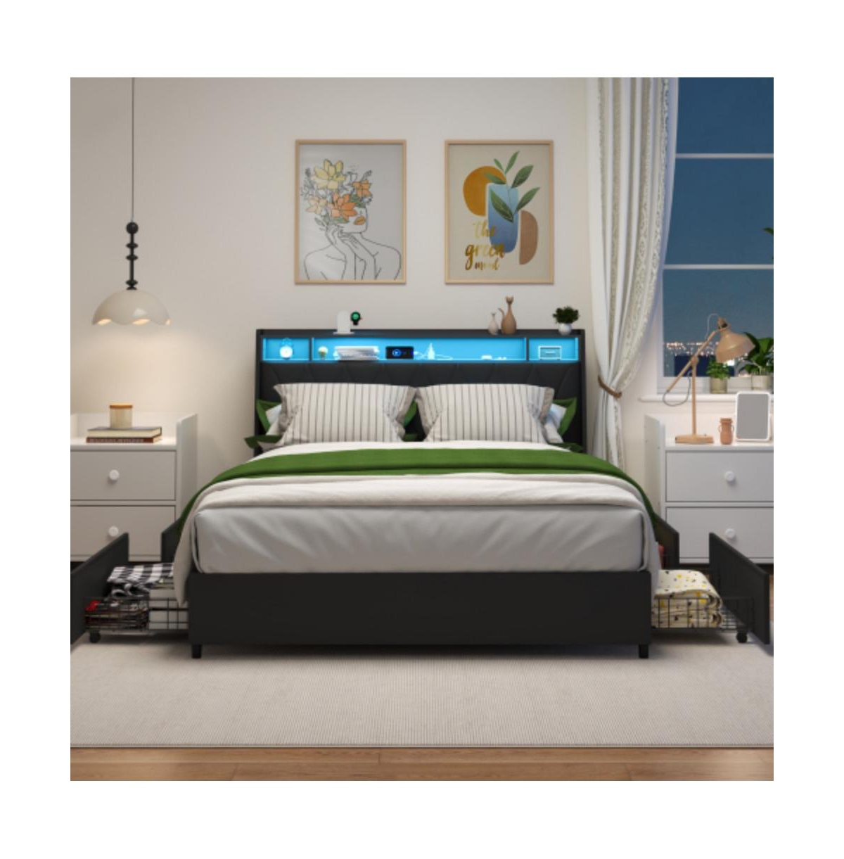 Lucky One Queen Size Platform Bed Frame with Ergonomic Headboard, Outlets, Usb Charger, Led Light, Storage Shelf, Noise-Free, No Box Spring - Black