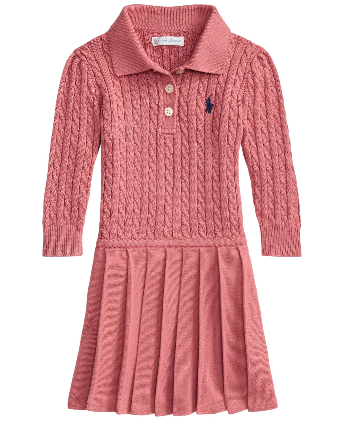 Платье Polo Ralph Lauren Long-Sleeve Mini-Cable Polo Sweater Dress для девочек-малышей, цвет: Холщовый розовый — фото 1