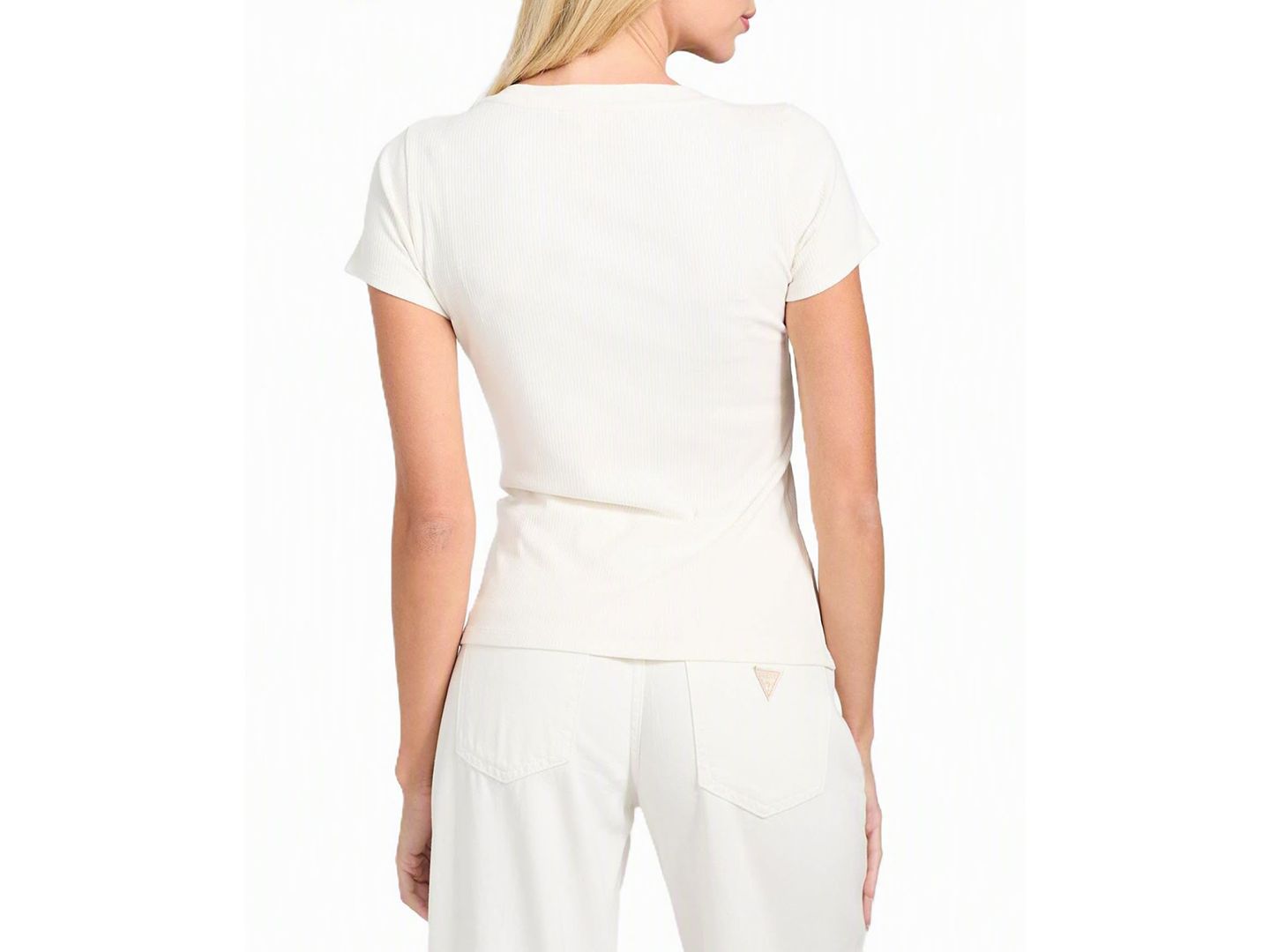 Женский топ GUESS Short Sleeve Kyla Rib Henley V-Neck Top, цвет: Кремовый белый — фото 4