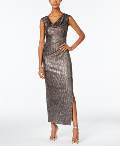 Connected Petite Metallic Draped Slit Gown