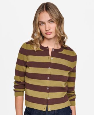 Petite Cropped Striped Crewneck Cardigan
