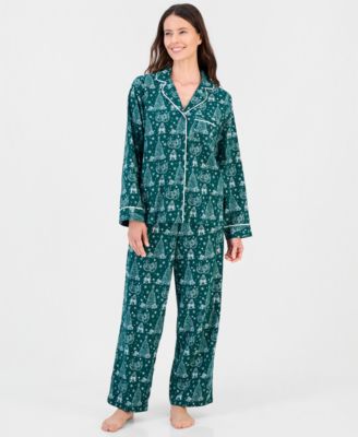 Women's Cotton Flannel Long-Sleeve Notch Collar Pajama Top and Pajama Pants Set