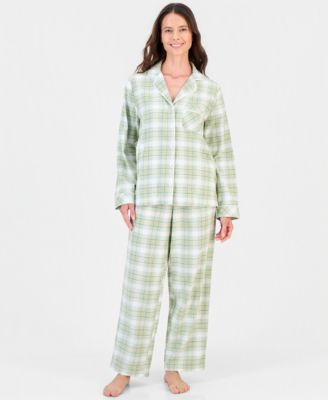 Women's Cotton Flannel Long-Sleeve Notch Collar Pajama Top and Pajama Pants Set