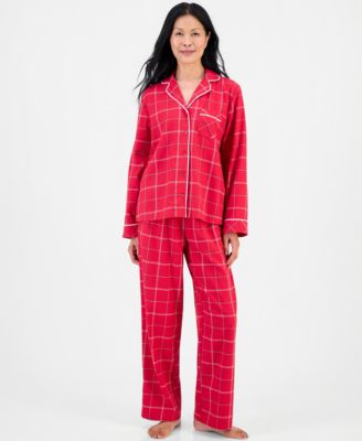 Women's Cotton Flannel Long-Sleeve Notch Collar Pajama Top and Pajama Pants Set