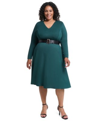 Plus Size Fit & Flare V-Neck Long-Sleeve Dress