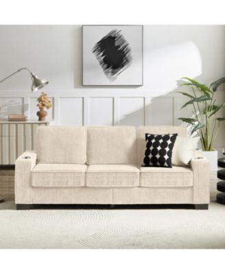 83.86" Corduroy 3-Seater Sofa with Cup Holder, High Resilience Sponge Sofa , Pet Friendly Modern Furniture for Living Room Bedroom Office