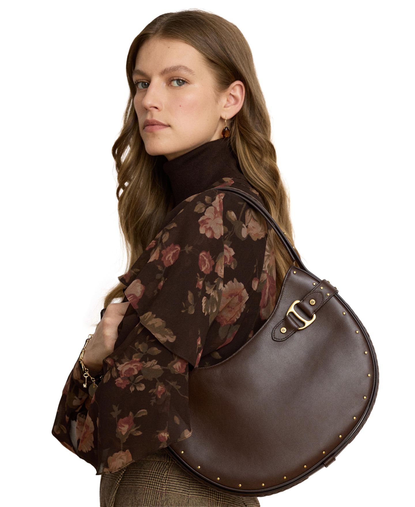 Женская сумка Lauren Ralph Lauren Tasha Studded Leather Medium Shoulder, цвет: Каштановый коричневый — фото 2