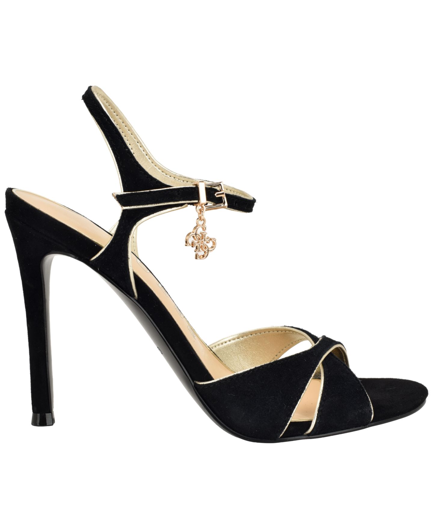 Женские сандалии GUESS Chaylen Suede Ankle Charms Stiletto Dress Sandals, цвет: Чёрный / Золотой — фото 2