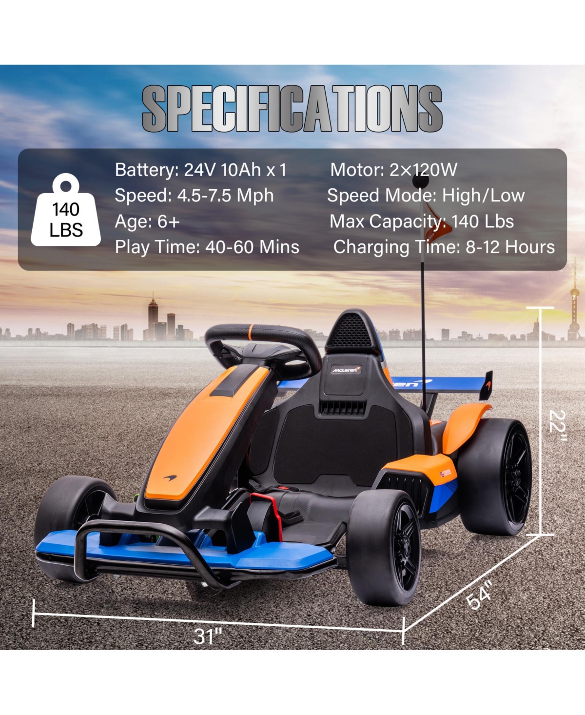 homfan 24V Kids Ride-On Car, Dual 120W Motors, High/Low Speed Modes, 54"L x 31"W x 22"H, 140 lb Capacity, Ages 6+