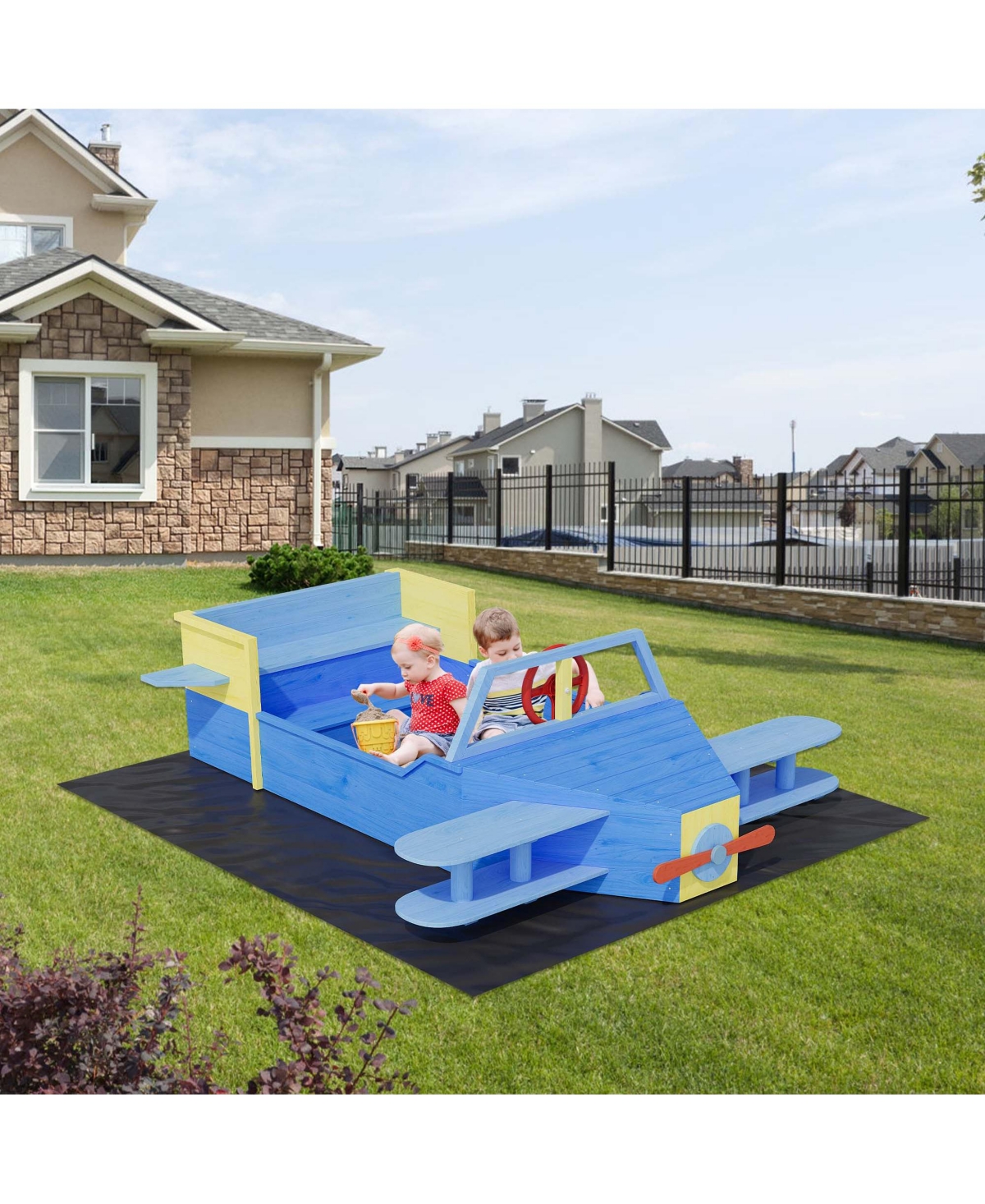 homfan Airplane Themed Wooden Sand and Water Table, Fir Wood Sandbox with Adjustable Rotatable Canopy for Kids Ages 3 to 8