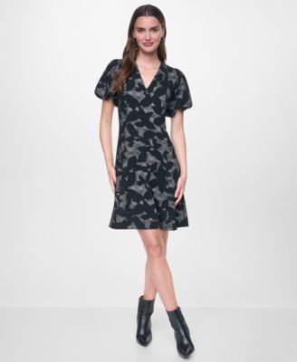 Women's Bubble Sleeve Fit & Flare Print Dress