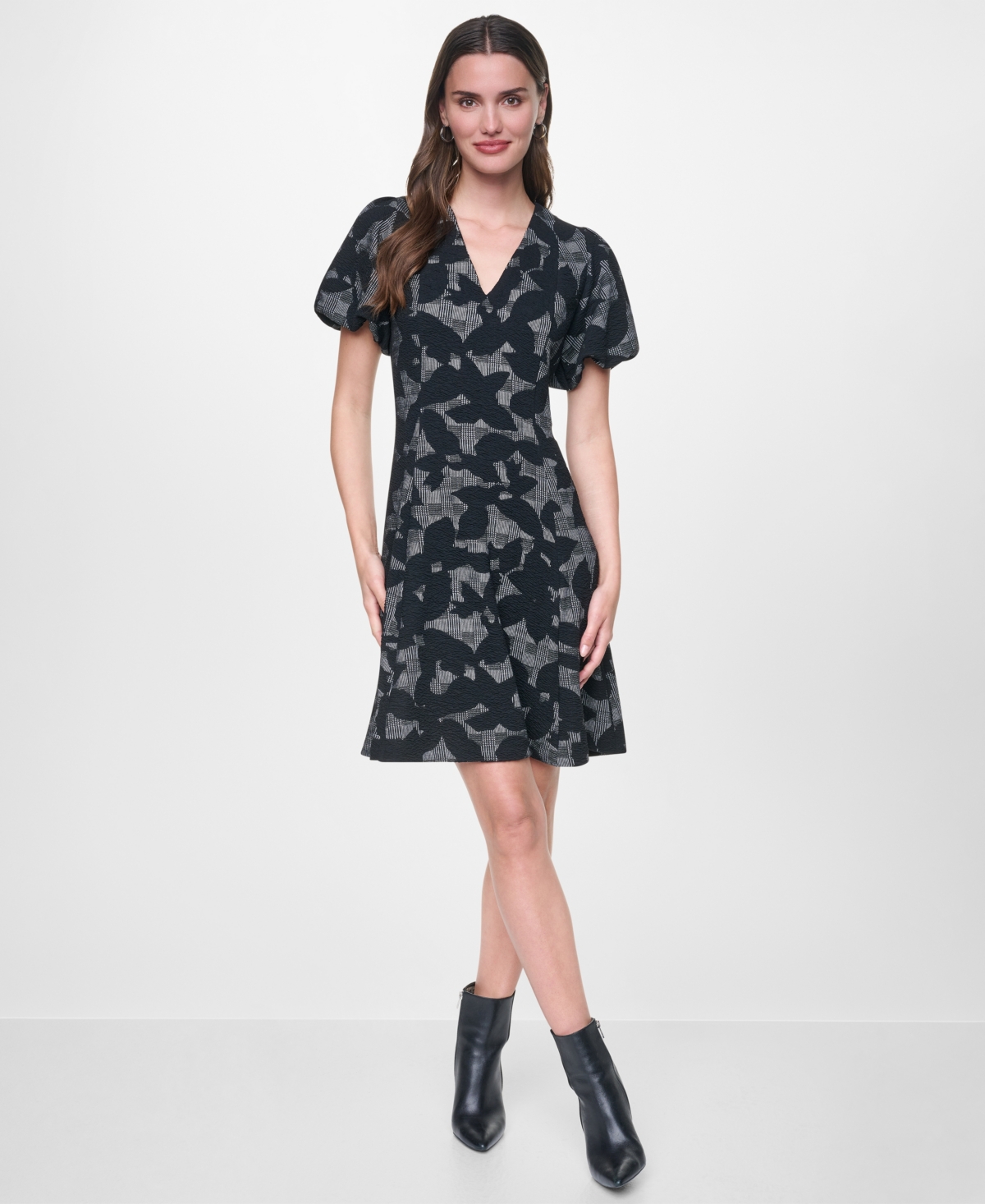 Dkny Women's Short Bubble Sleeve V-Neck Fit and Flare Dress