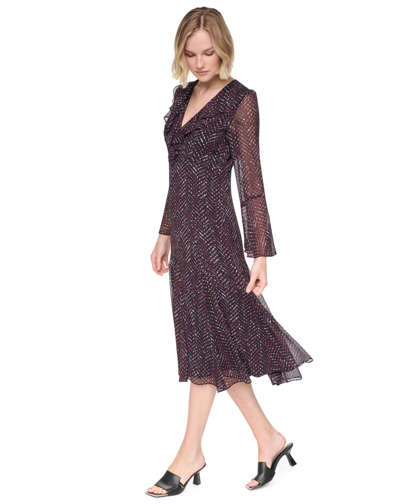 Женское платье DKNY Ruffle Midi V-Neck, цвет: Бордовый разноцветный — фото 3