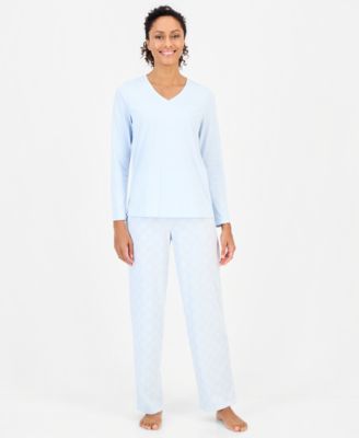 Women's Cotton-Blend Long Sleeve V-Neck Pajama Pant Set