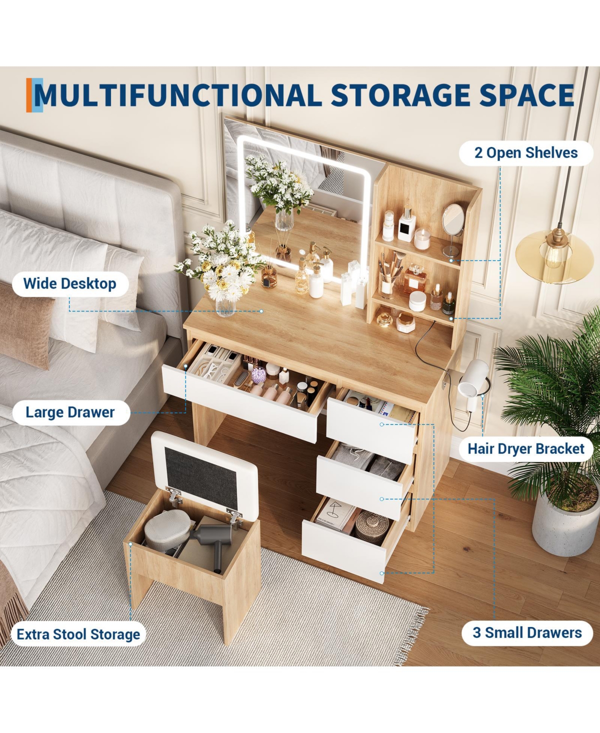 homfan Vanity Desk with Led Mirror, 4 Drawers, Power Outlet, Shelves and Storage Stool, Makeup Set for Bedroom