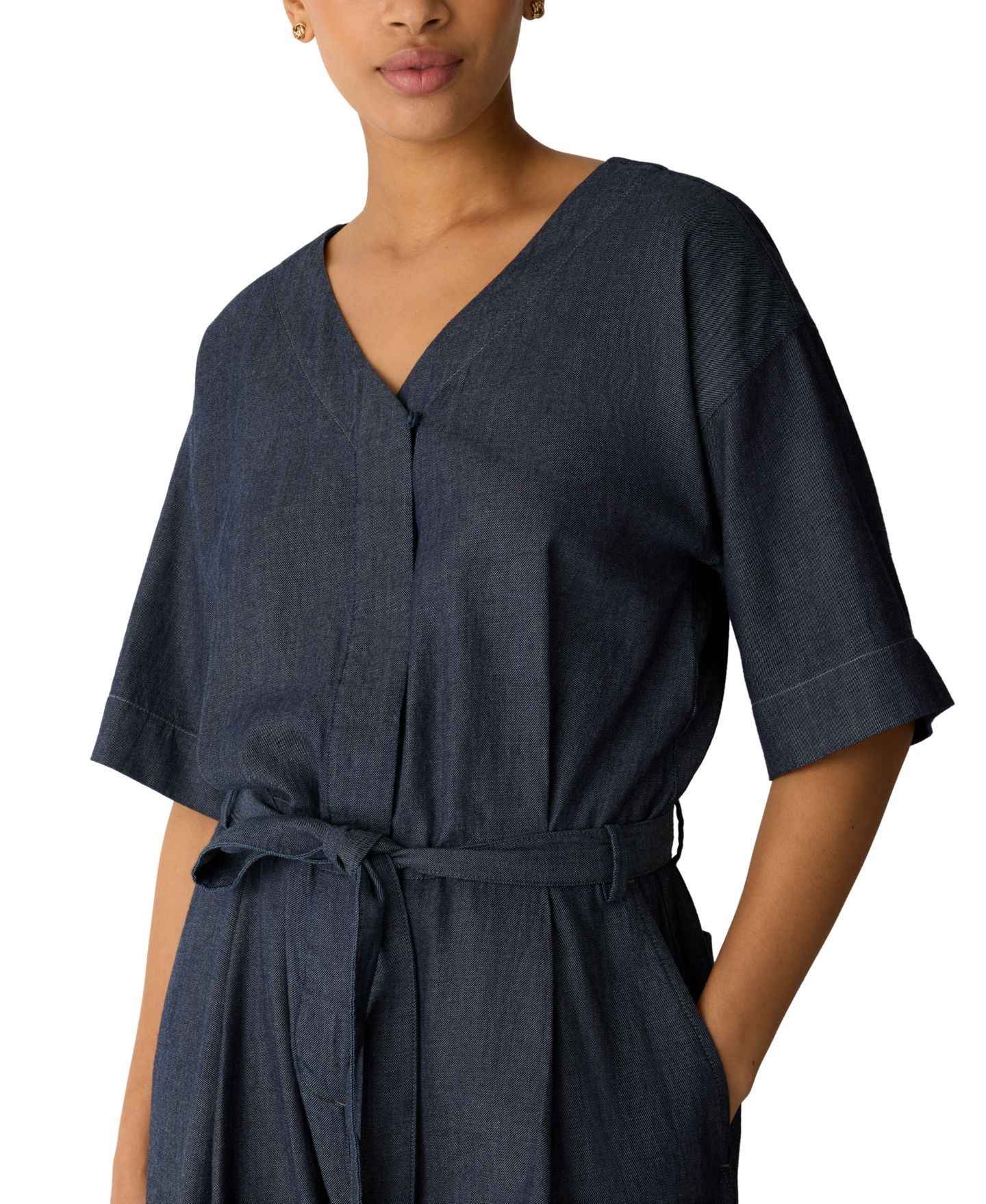 Женский комбинезон EILEEN FISHER PETITES Eileen Fisher Petite Airy Cotton Twill Short-Sleeve Wide-Leg Belted Jumpsuit, цвет: Джинсовый — фото 3