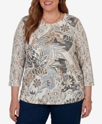 Plus Size Geo Leaf Patchwork 3/4-Sleeve Crewneck Knit Top