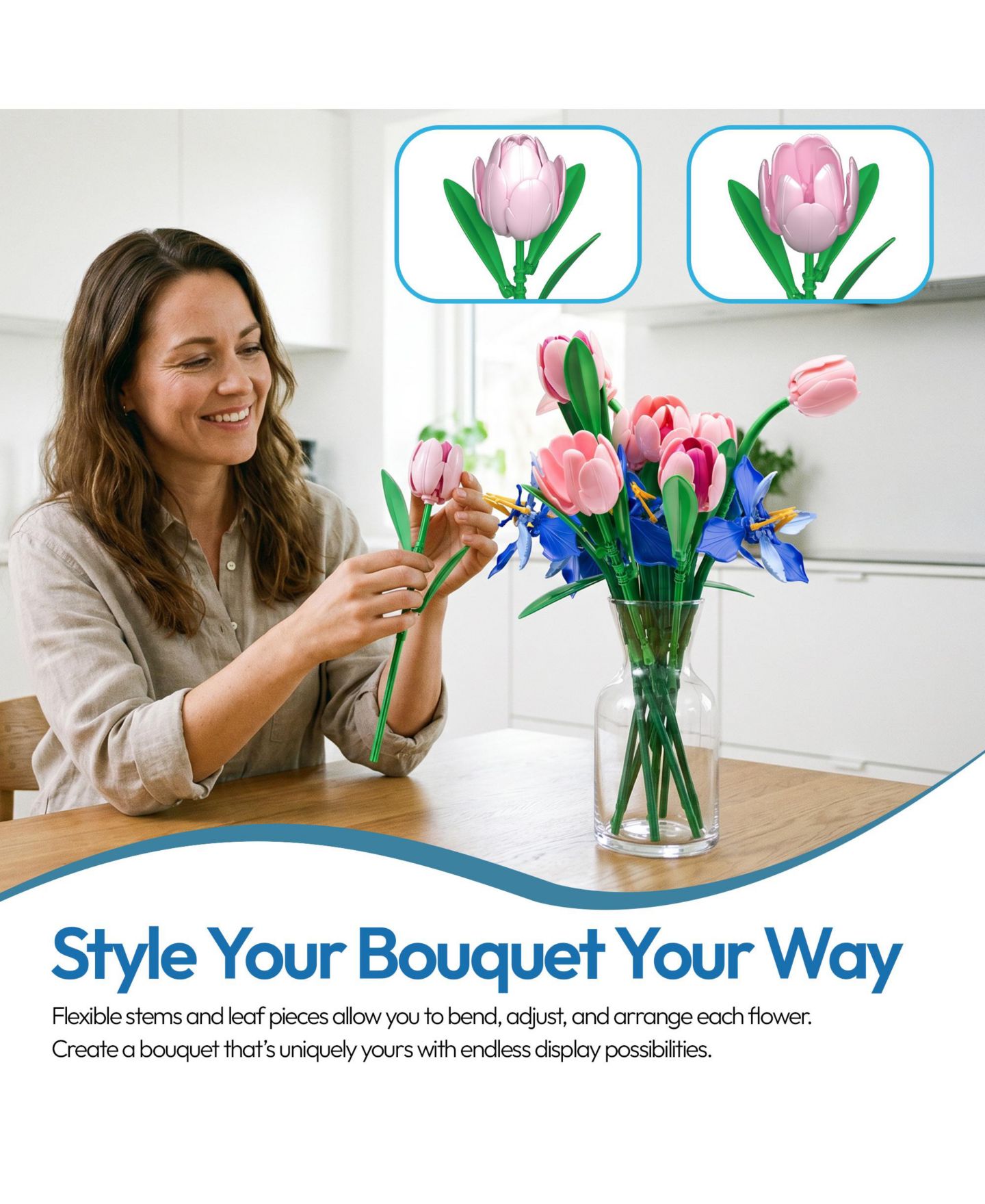 Детский конструктор Contixo BK08 Tulip & Iris Flower Bouquet Building Set, 428-Piece Pink & Blue Floral Brick Kit with Adjustable Stems, Creative Home Décor Gift, Ages 8+, цвет: Розовый / Синий — фото 9