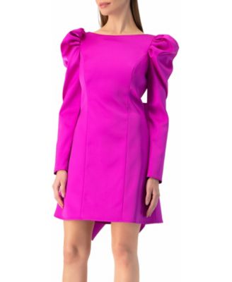 Women's Puff-Sleeve Open-Back Bow Mini Dress in Satin