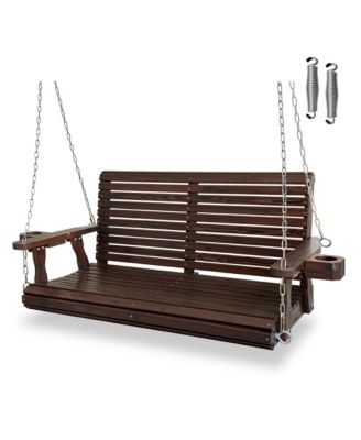 2-Seater 4 FT Wooden Porch Swing High Backrest and Deep Seat with Cupholders for Outdoor Patio Garden