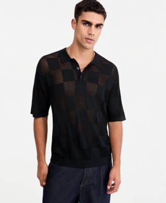 Women's Checkerboard-Knit Relaxed-Fit Polo Shirt