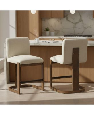 Counter Height Bar Stools Set of 2 for Kitchen Island, 24" Solid Wood Barstools, Linen Upholstered Bar Chairs