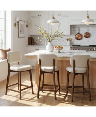 Upholstered Counter Height Bar Stools Set of 3, Linen-Blend Fabric Padded Seat With Curved Back, Solid Wood Frame Kitchen Island Stools