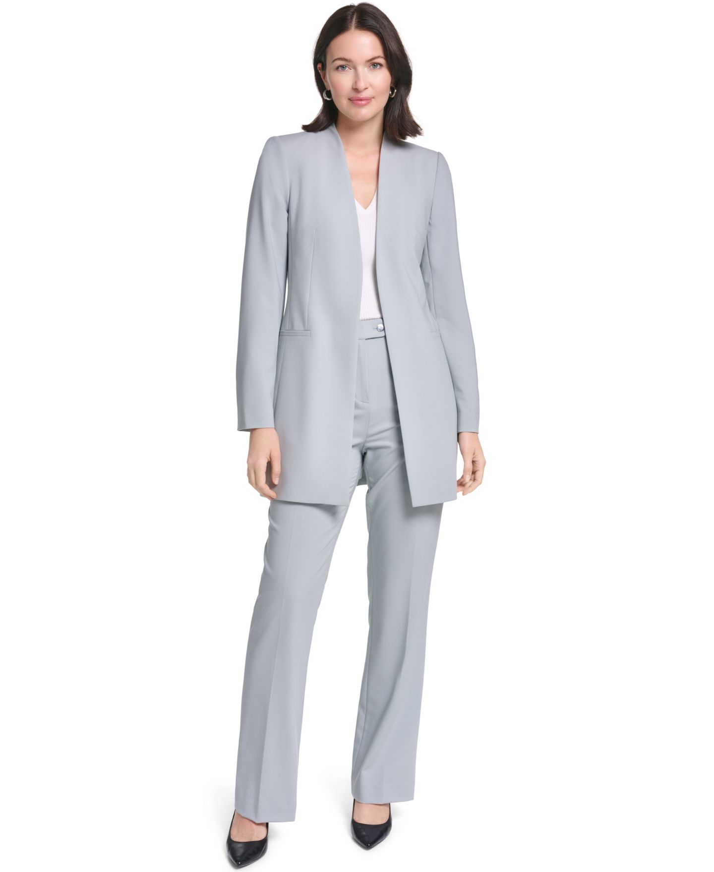 Женская куртка Calvin Klein Collarless Open-Front Long Topper, цвет: Серебряный шалфейный — фото 2