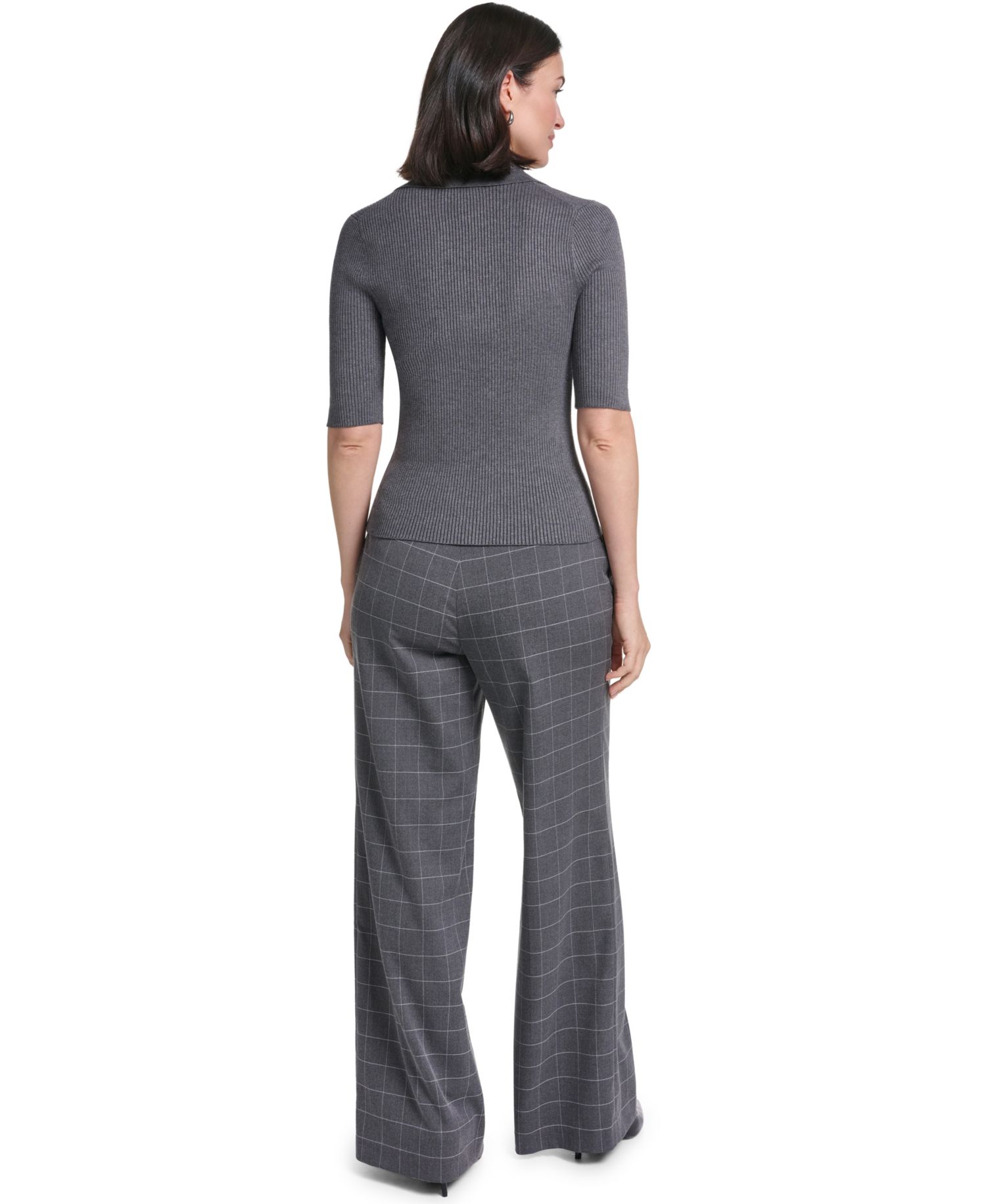 Women's Collared 3/4-Sleeve Ribbed-Knit Top