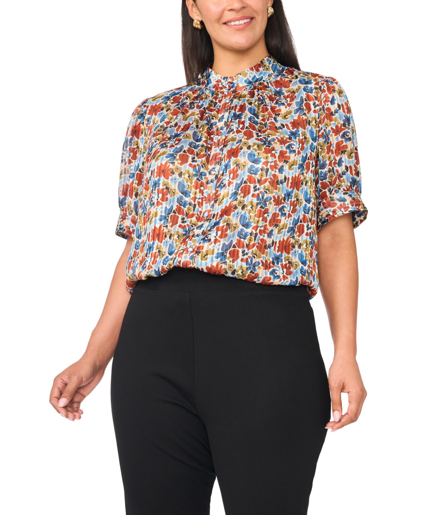 Женская блузка Vince Camuto Plus Size Floral Short Puff-Sleeve Mock-Neck Blouse, цвет: Джинсовый тёмно-синий — фото 4
