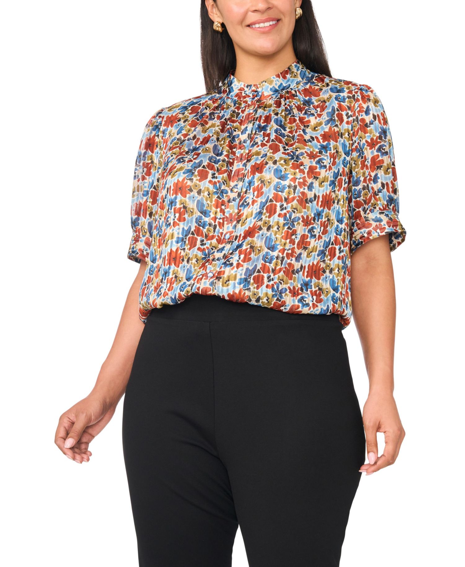 Plus Size Floral Short Puff-Sleeve Mock-Neck Blouse