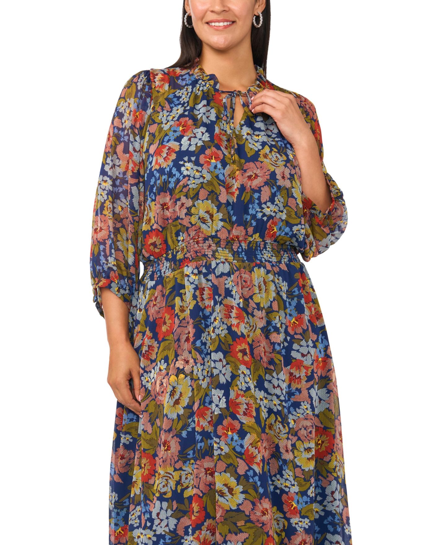 Женское платье Vince Camuto Plus Size Floral-Print Puff Sleeve Chiffon Maxi, цвет: Тёмно-синий — фото 2