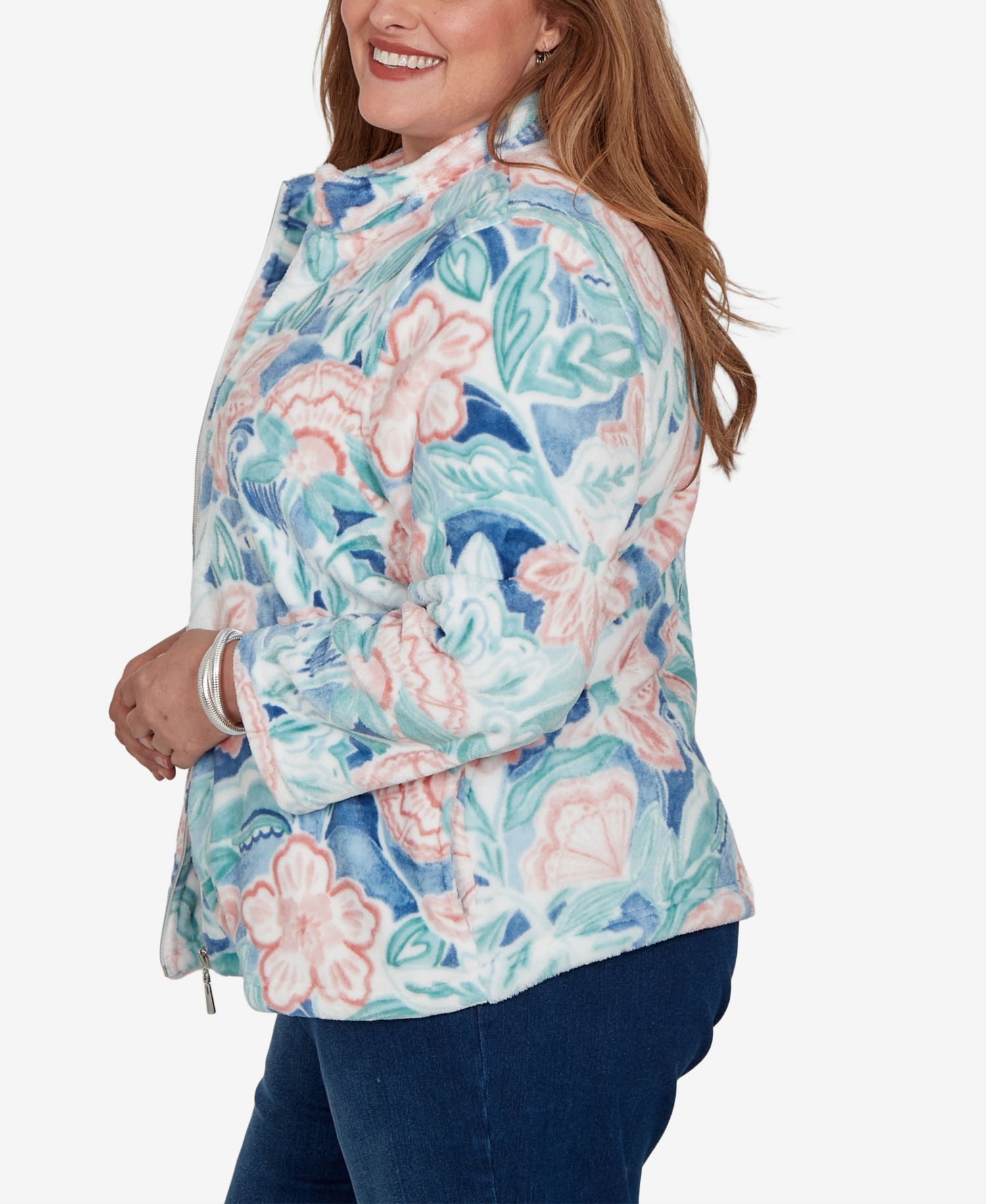 Plus Size Floral Stand-Collar Jacket