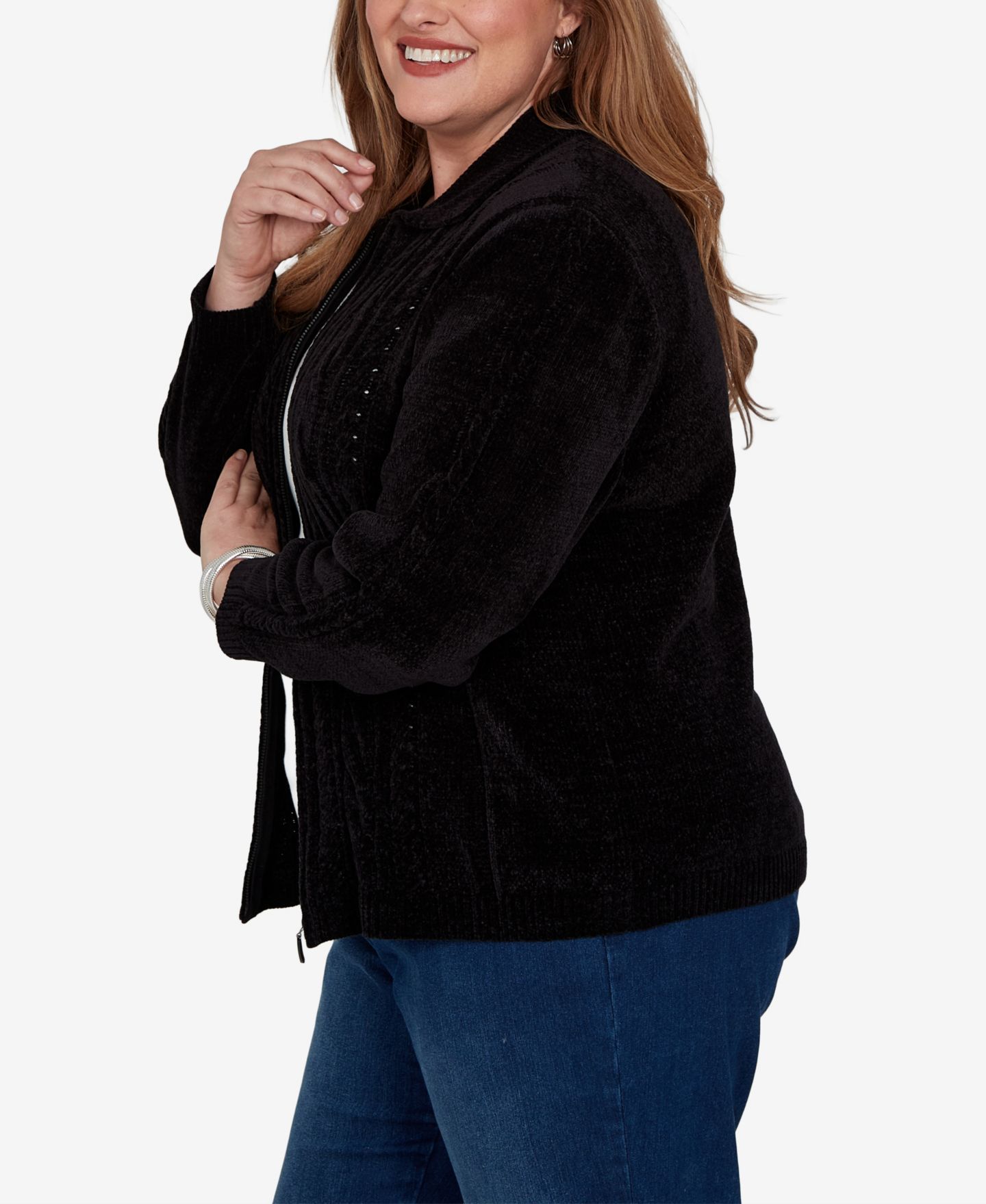 Женский кардиган Alfred Dunner Plus Size Cable-Knit Chenille Full-Zip, цвет: Чёрный — фото 3