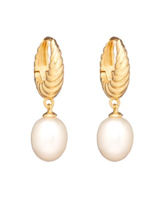 Cultured Freshwater Pearl (7x9mm) Huggie Hoop Earrings in 18k Gold Over Sterling Silver