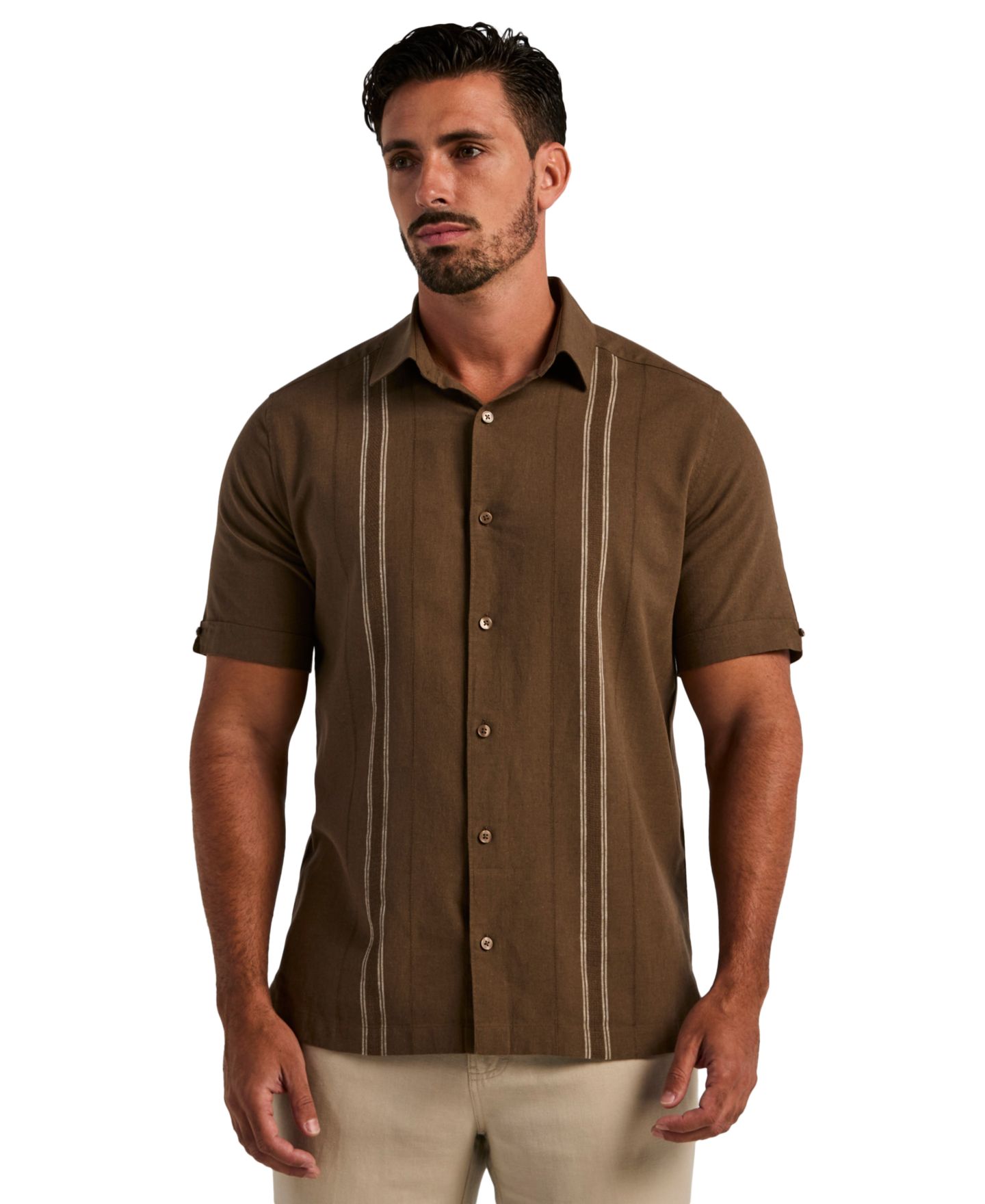Мужская рубашка Cubavera Linen Blend Dobby Panel, цвет: Шоколадный — фото 1