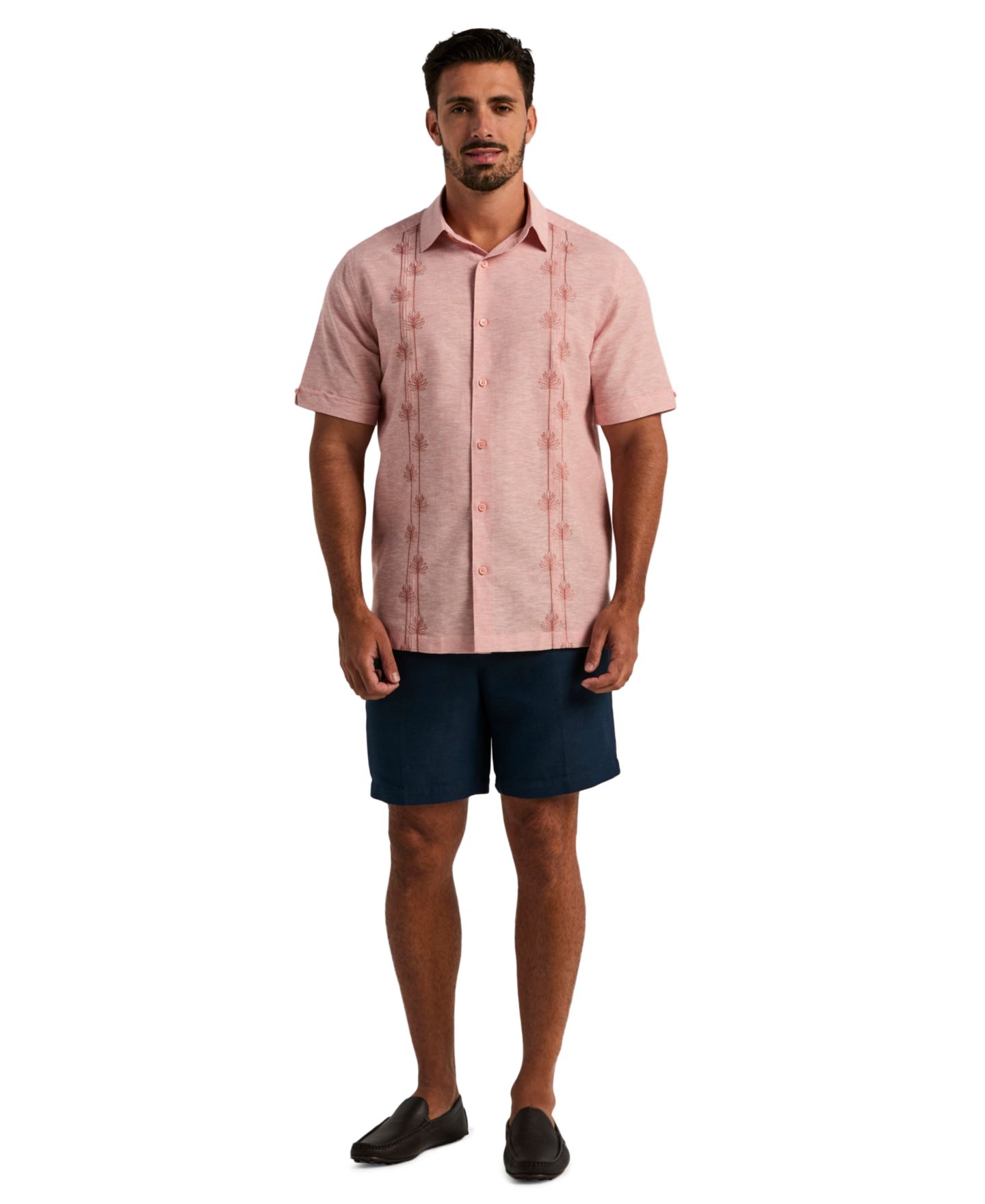 Мужская рубашка Cubavera Linen Blend Floral Embroidered, цвет: Розовый — фото 2