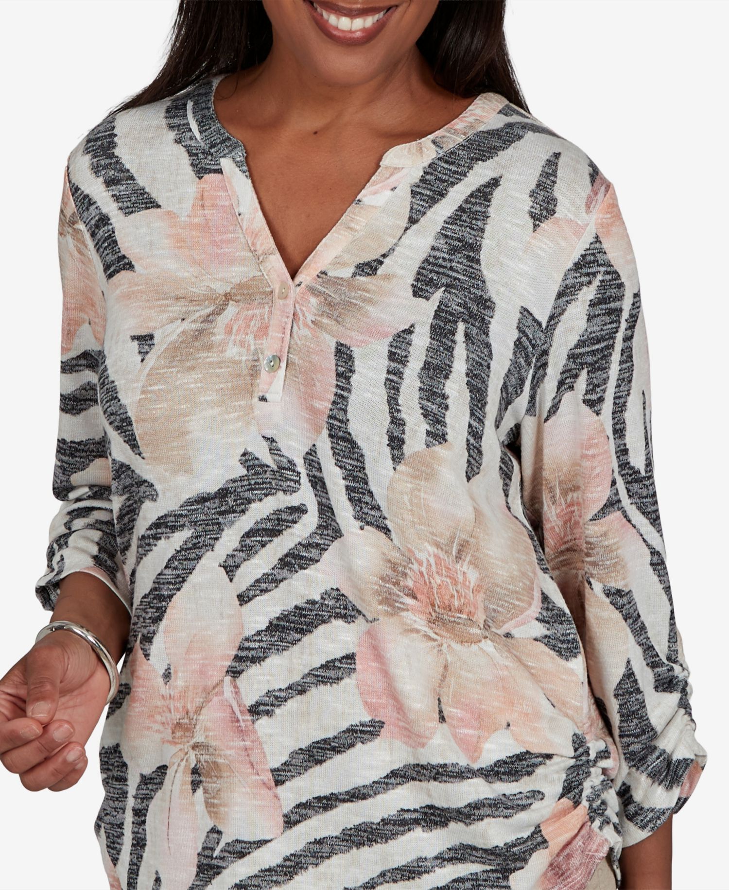 Petite Travel Advisory Animal-Floral Print 3/4-Sleeve Henley Top