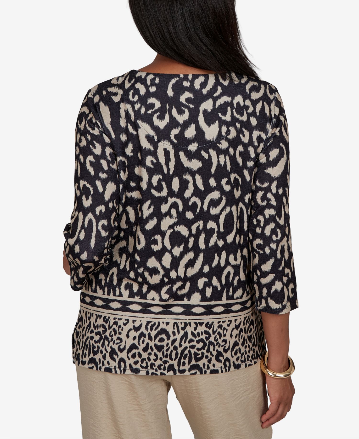 Petite Animal-Print Split-Neck 3/4-Sleeve Top