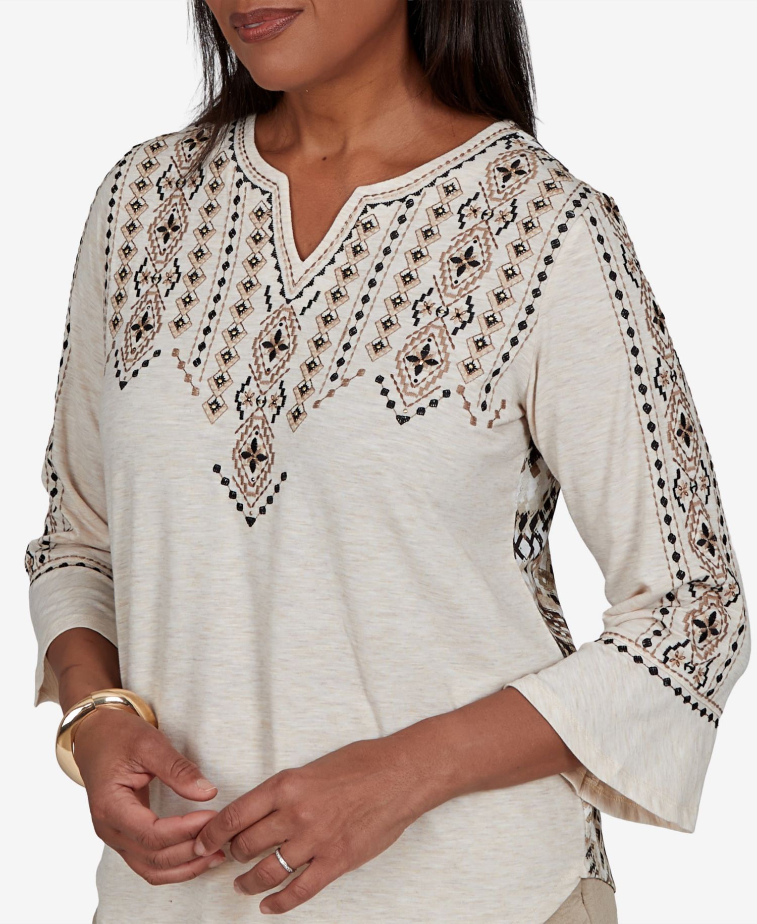 Petite Travel Advisory Geometric-Embroidered 3/4-Sleeve Henley Top