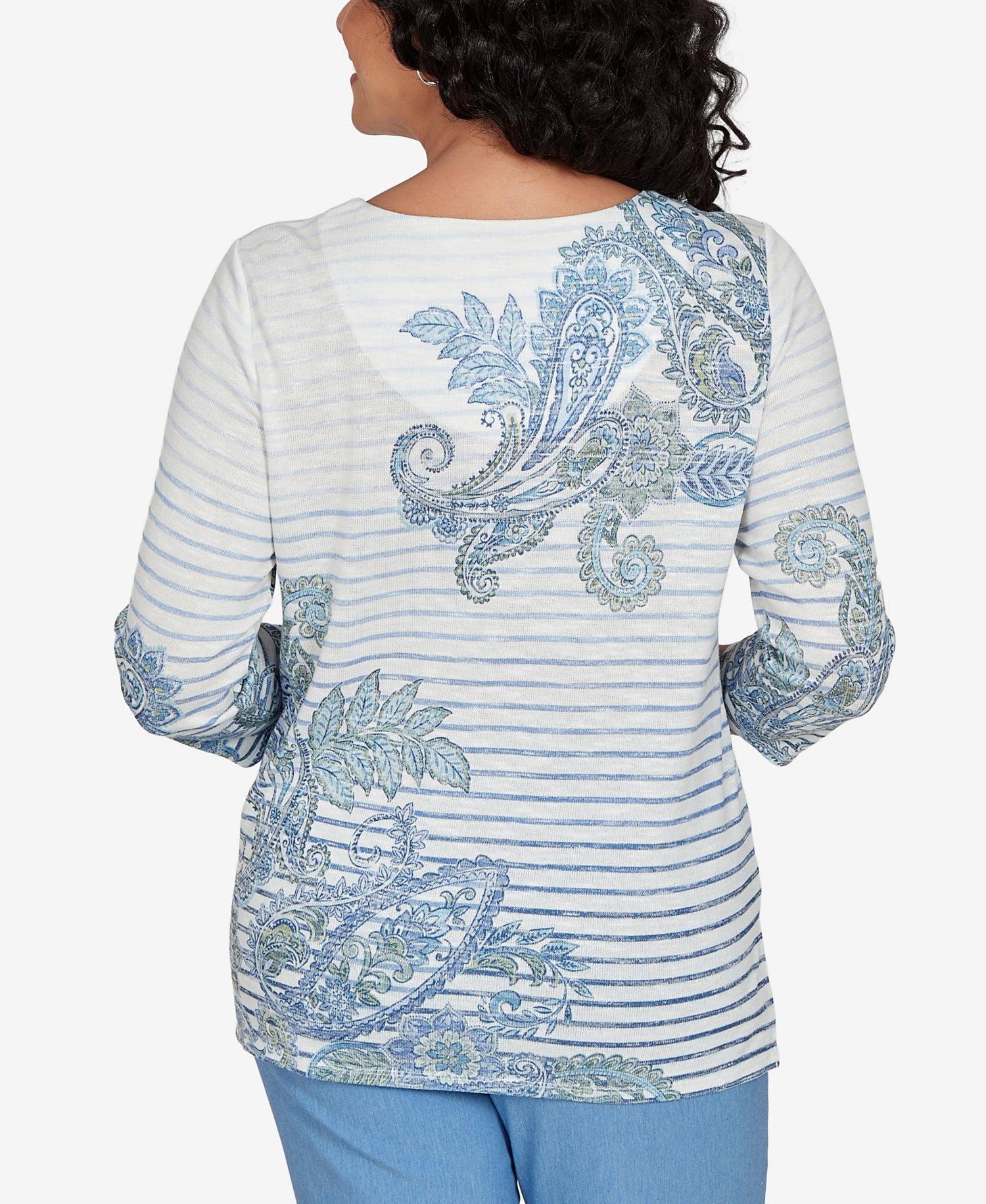 Petite Provence Paisley Stripe Split Neck 3/4 Sleeve Top