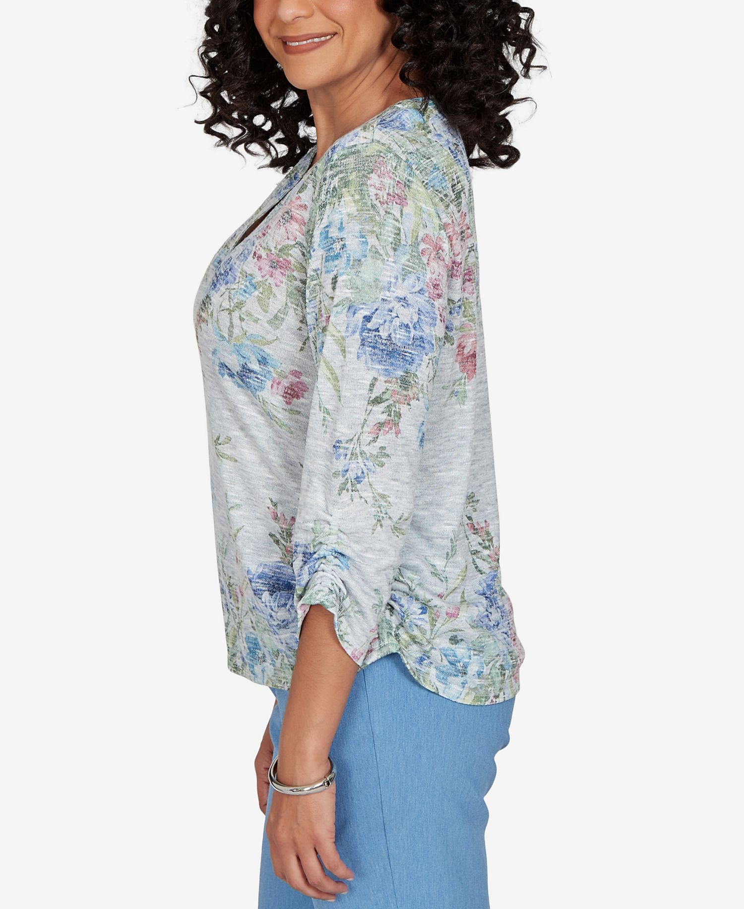 Petite Provence Floral-Print 3/4-Sleeve Henley Top