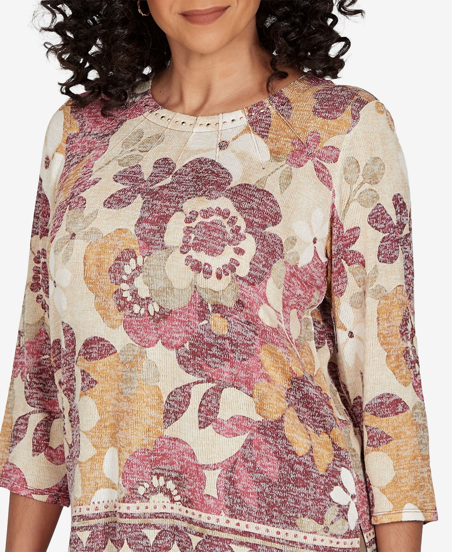 Petite Union Square Exploded Floral Geo Border 3/4-Sleeve Top