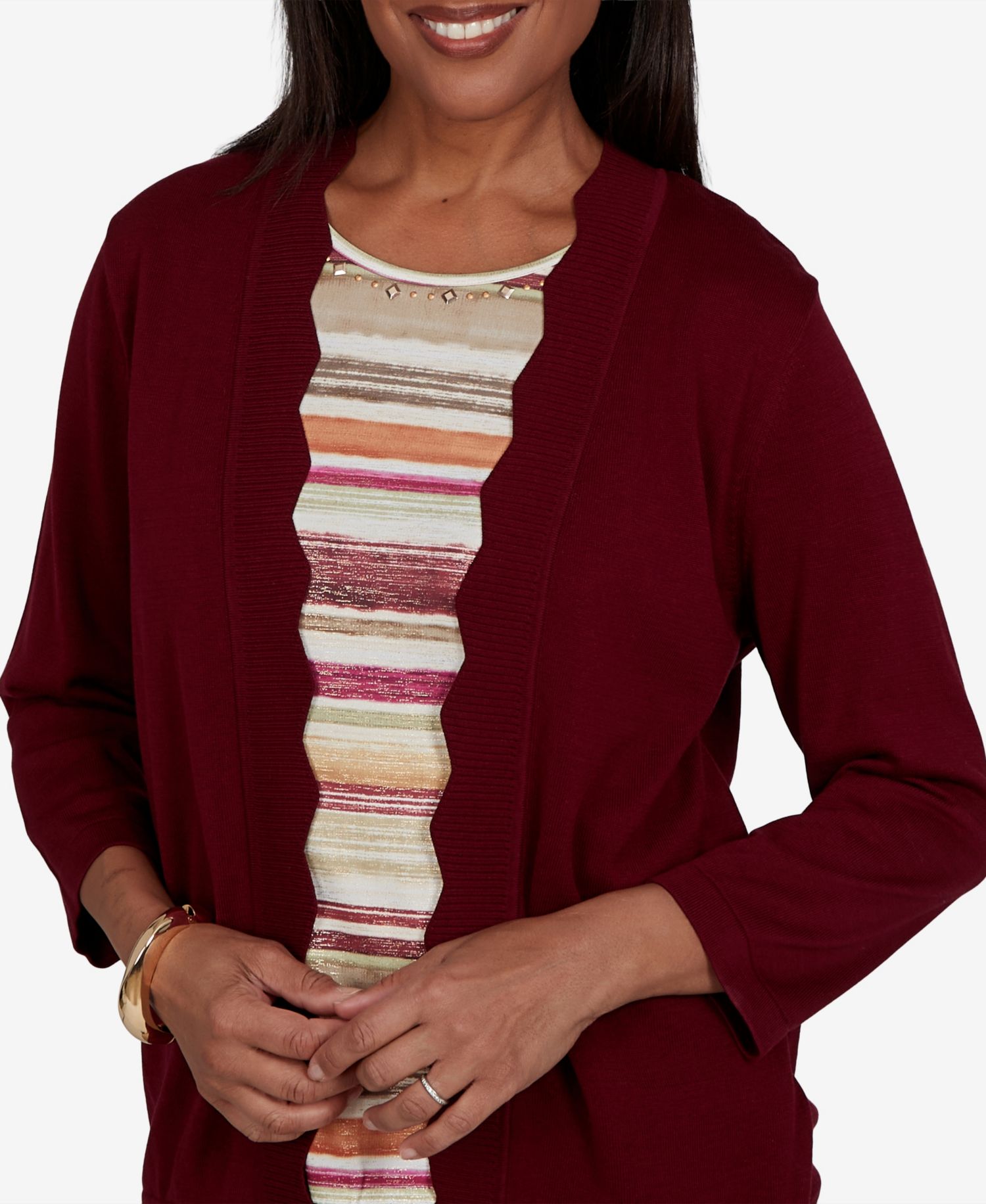 Petite Union Square Two-in-One Scalloped Striped Sweater