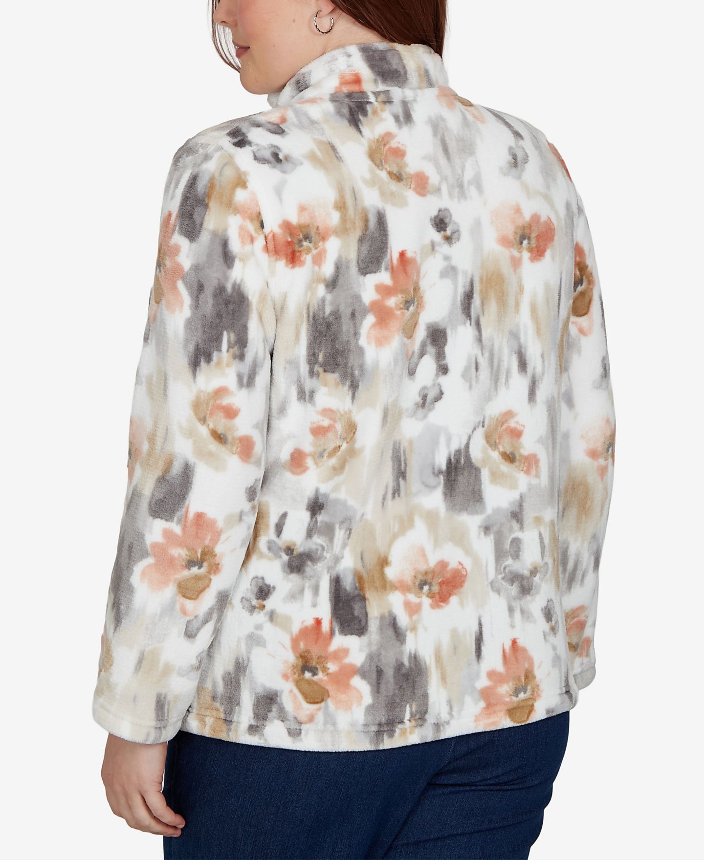 Женская куртка Alfred Dunner Petite Watercolor Floral Fleece Stand Collar, цвет: Рыжевато-коричневый — фото 5
